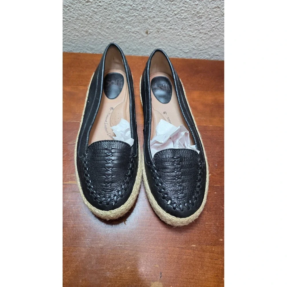 Sofft Black Leather Espadrille Flats Women's 7.5M Woven Slip‎ On Loafers Casual